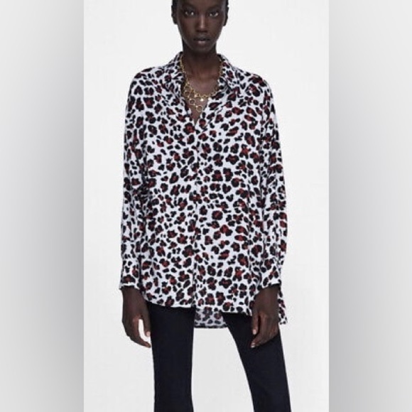 NWOT ZARA Women’s Gray Red Leopard Animal Print Relaxed Shirt Tunic XS X-Small - Picture 1 of 3